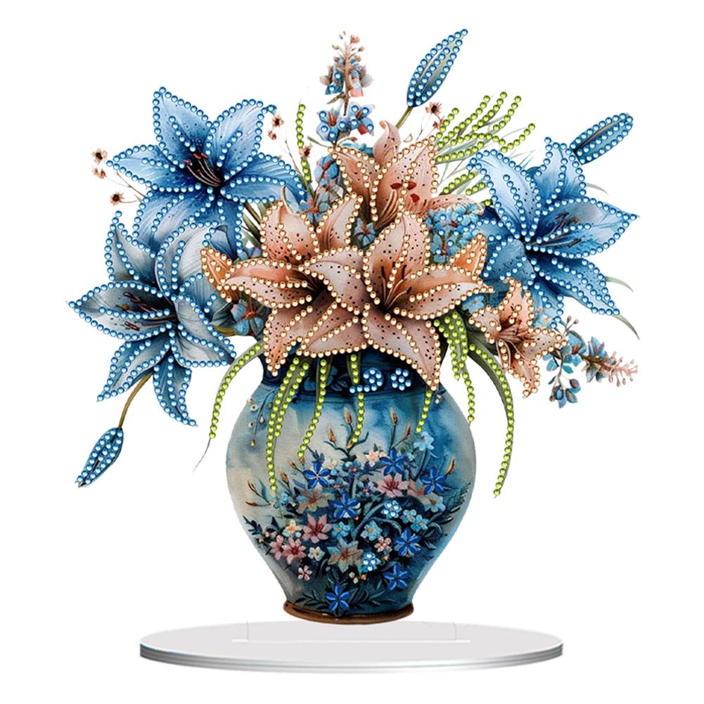 Acrylic Rose Lily Butterfly Flower Vase Desktop Diamond Art Kits 5D DIY Diamond Art Tabletop Decorations for Home Office Decor