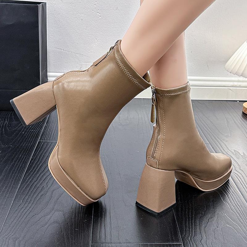 Martin Stiefel Damen Herbst und Winter neue Mode eckige Spitze europäisch und amerikanisch Retro hoher Absatz dicker Absatz Reißverschluss hinten dünne kurze Stiefel