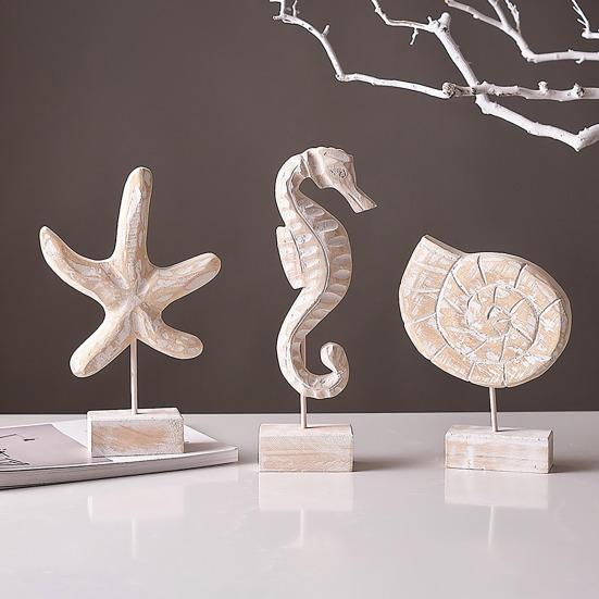 Figura de Madera Hecha a Mano Estilo Náutico de Playa Estrella de Mar/Caracola/Caballito de Mar Estatua de Mesa sobre Soporte para Hogar Casa del Lago Decoración Costera del Océano
