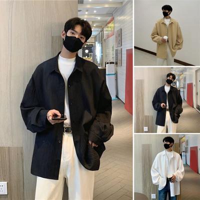 Men Shirt Loose Solid Color Turn-down Collar Cardigan Single-breasted Fall Spring Top Mid Length Streetwear Shirt