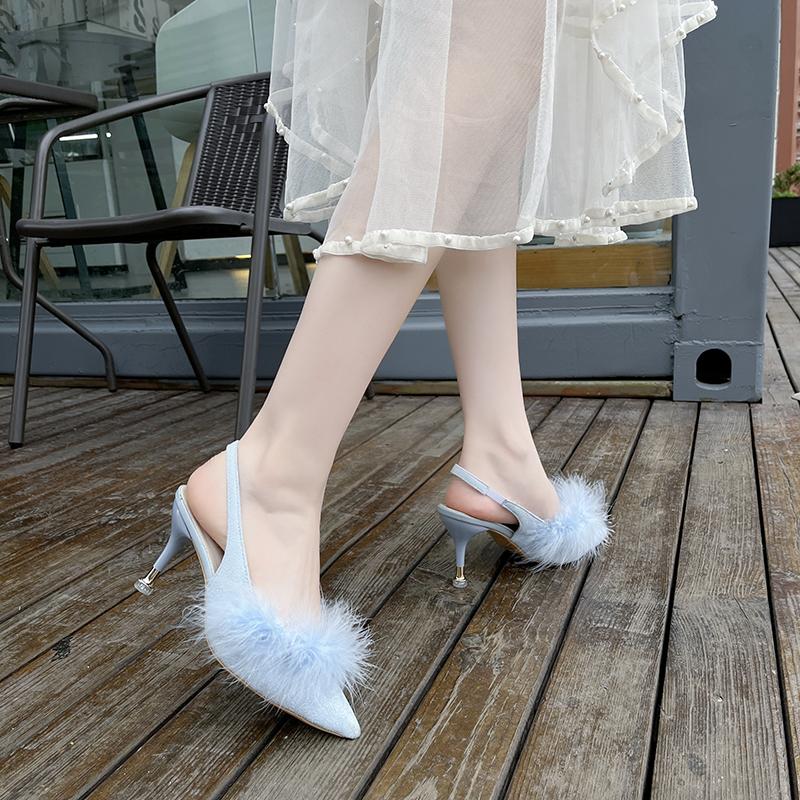 Тапочки на каблуке женская обувь женские туфли-лодочки однотонные летние женские шлепанцы из флока с острым носком без шнуровки на меху на высоком каблуке 43 серый 1980₽