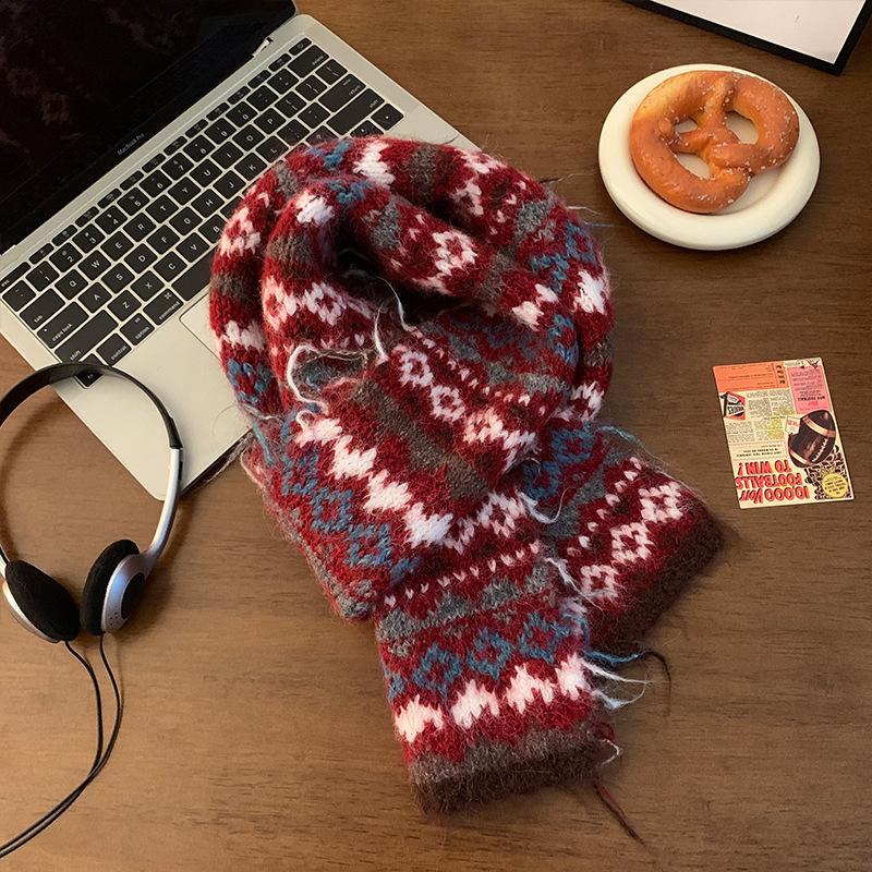 Fair Island Mohair Knitted Scarf Women's Winter Korean Atmosphere Retro Thickened Warm Wool Scarf