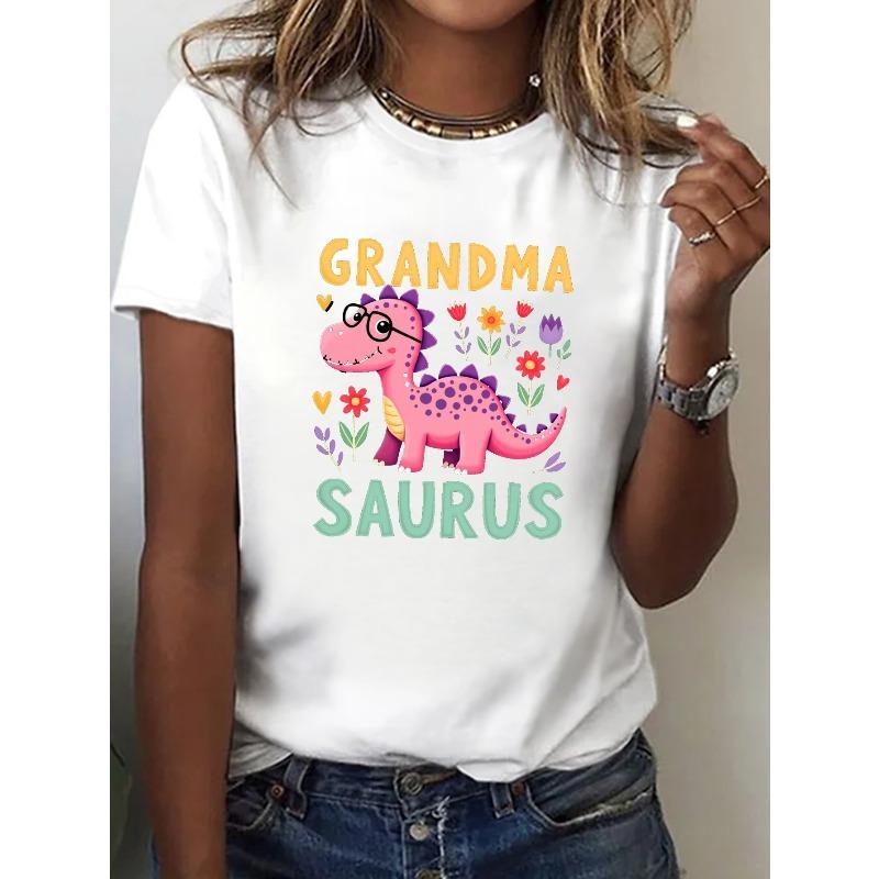 Women's Grandma Saurus Dinosaur Print T-Shirt Casual Crew Neck Short Sleeve Summer Floral Heart Top