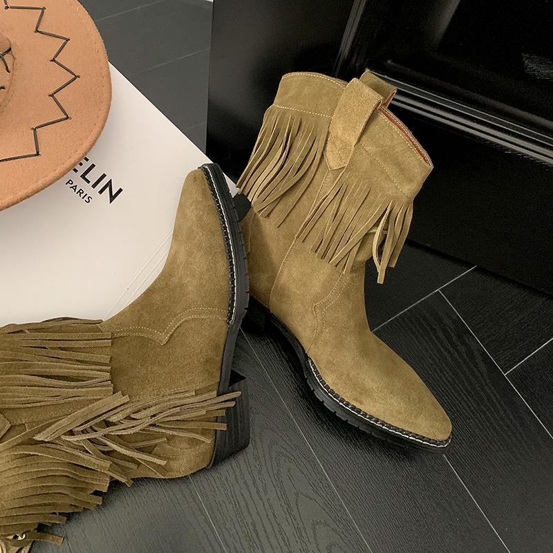 

Spot Ghosn женские короткие сапоги 2025 новая летняя ковбойская обувь в западном стиле с острым носом и толстым каблуком, бахрома, ретро-западный стиль 40 армия зеленый