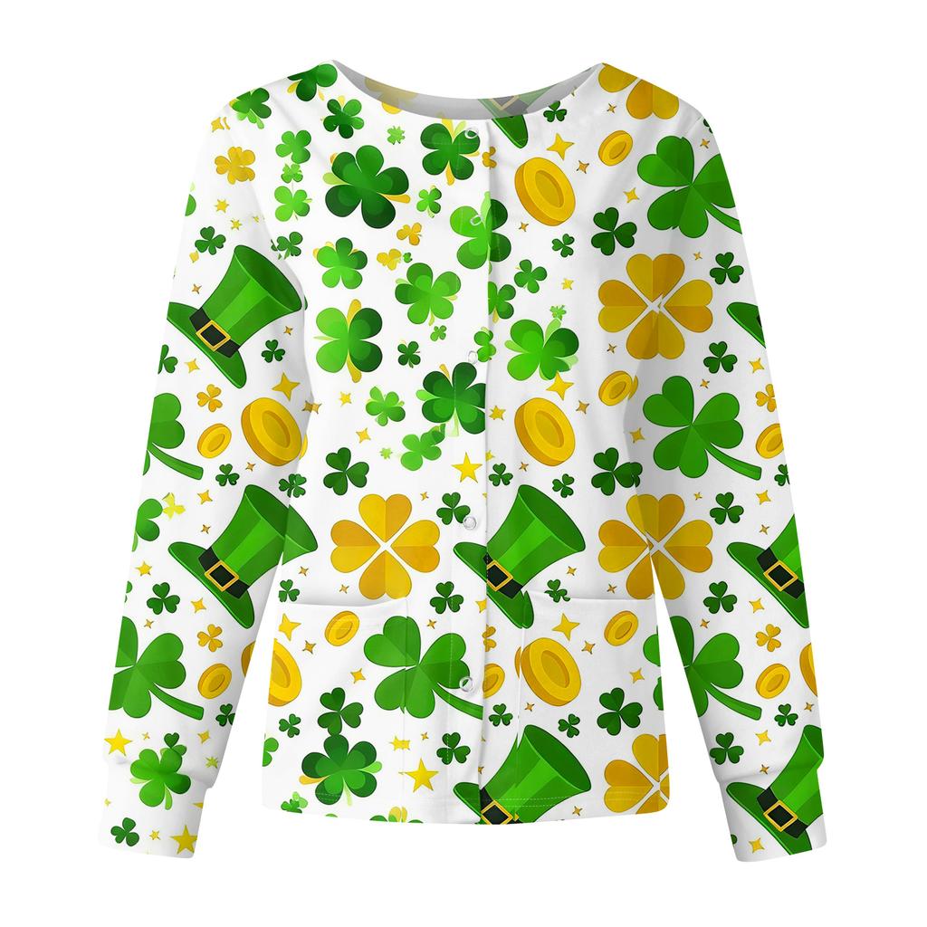 Damen Casual Mode Langarm Stehkragen Einreiher St. Patrick's Day Print Arbeitsjacke Tops