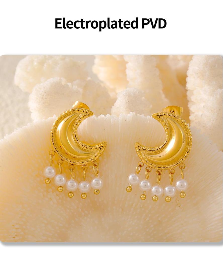 European and American Style Moon Tassel Faux Pearl Earrings: Irregular Geometric Titanium Steel Design