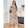 Middle East New Leopard Print Print Neckline Pleat Hot Drilling Robe European and American Long Sleeve Waist Hugging Slimming Dress Dress
