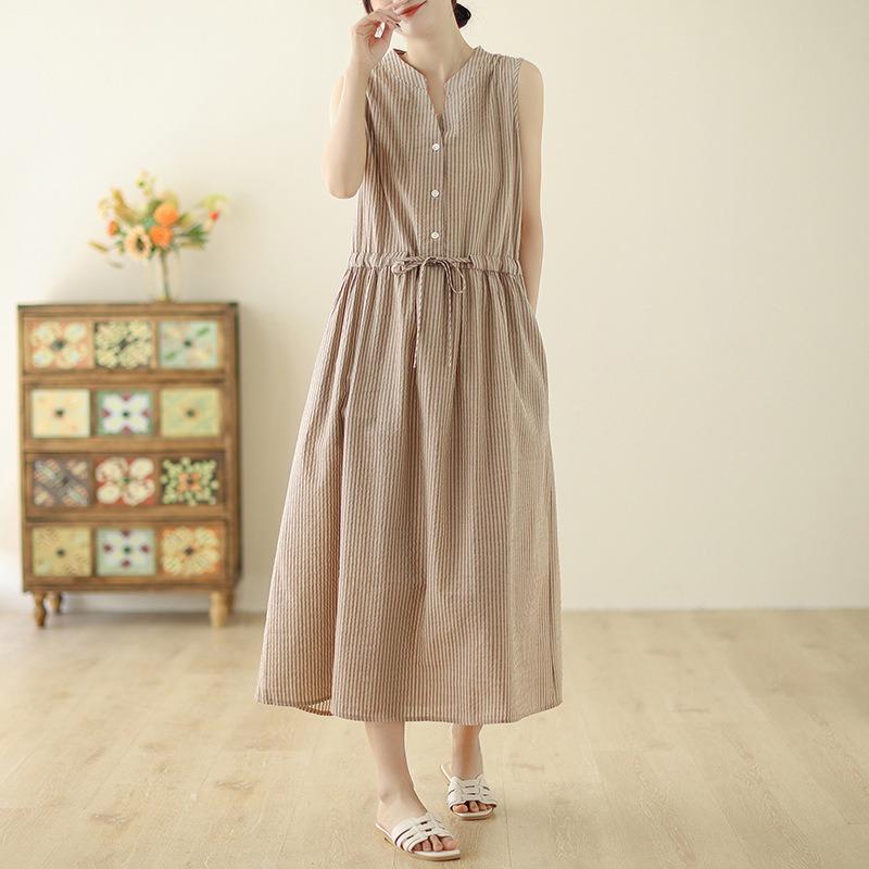 Summer new cotton and linen literary loose striped V-neck sleeveless vest dress women