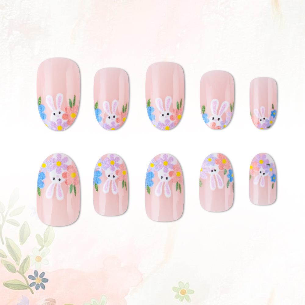 Easter Round Head Cute Rabbit & Flower Nail Art Set - 24 Detachable Glossy False Nails