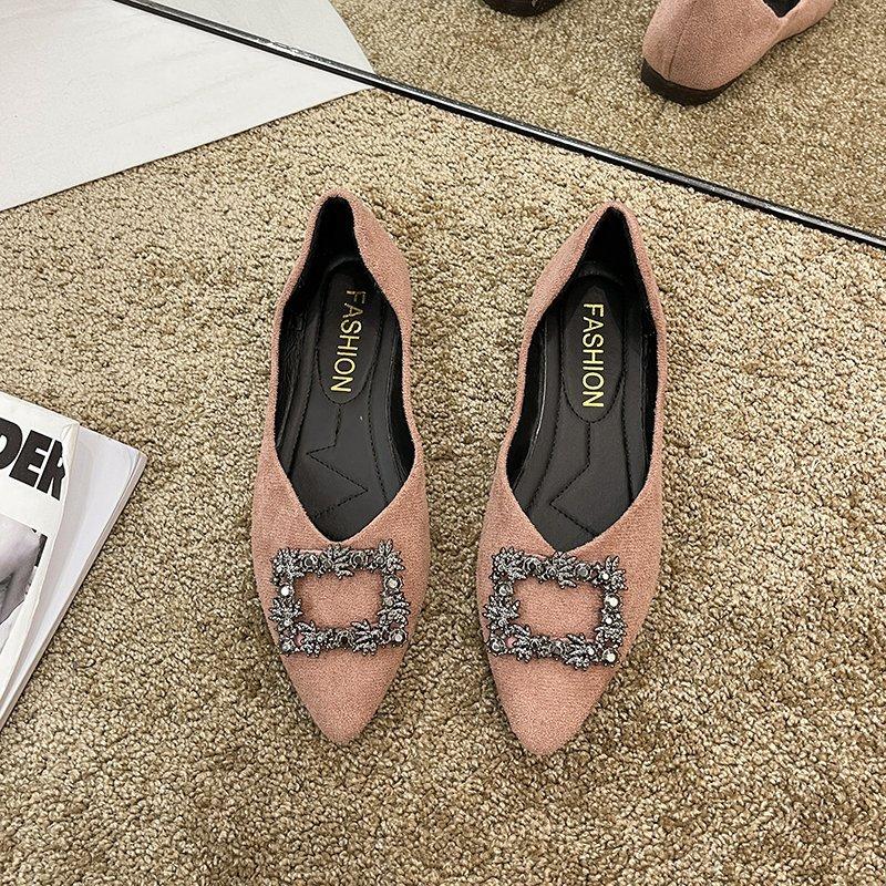 2025 New Korean Version of Foreign Trade Pointed Foot Cover Flat Bottom Fashion Casual Large Size Women's Shallow Mouth Rhinestone Buckle Women'