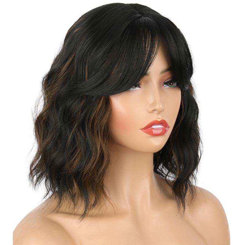 Brown Ombre Blonde Synthetic Bangs Wig Women Black Green Medium Long Natural Wavy Hair Wig Daily Cosplay Use Heat Resistant Hair