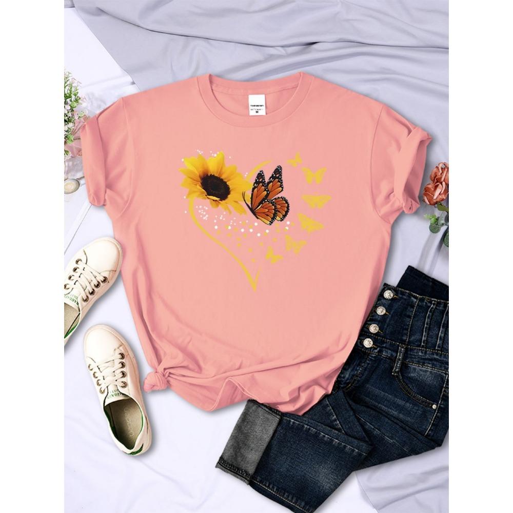 Simple Woman T-Shirts Sunflower Butterflies Heart Prints Short Sleeve Comfortable Soft O-Neck Tops Summer Casual Female Clothes