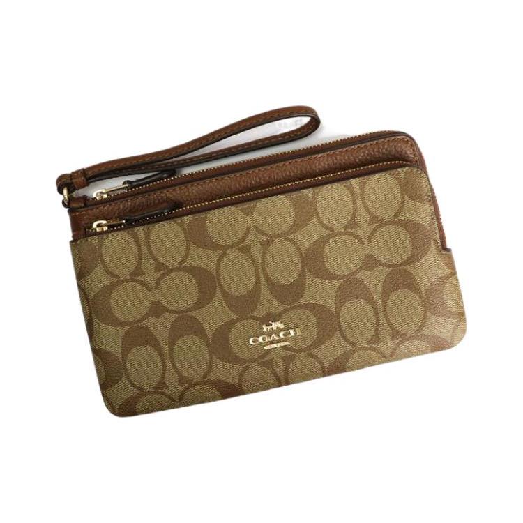 New COACH Double Zip Wallet Leather Card Holder, Clutch Wallet Medium Size Women's Saddles Brown C5576-IME74