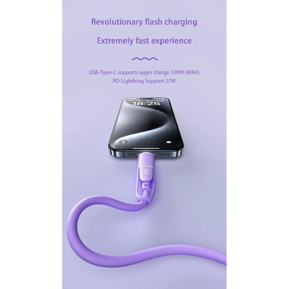 New Fast Charging Cable 4 in 1 Silicone Cable With 8 Pin/Type C/USB a Port High-speed Charger Wire For Samsung iPhone Huawei