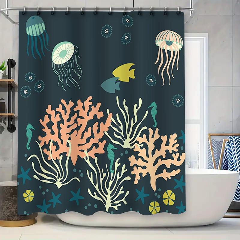 

Modern Bath Shower Curtain With Marine Life Printjellyfish, Sea Urchins, Seashells Coral Waterproof Fabric For Home Decor In Nav W60H190(CM)-1 Pcs