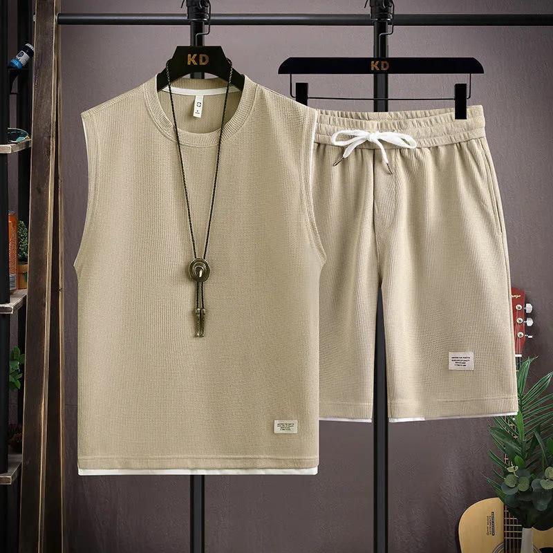 Men's Summer Loose Casual Sports Suit Sleeveless T-shirt + Shorts Solid Color Plus Size Simple Two-piece Set