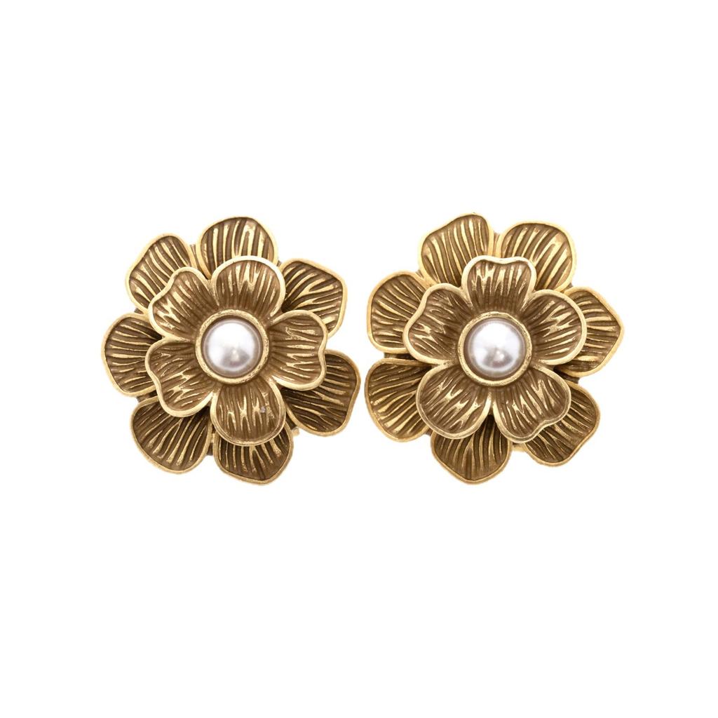 Retro Flower Beaded Pearl Stud Earrings Antique Collarbone Chain Fashion High-End Earrings