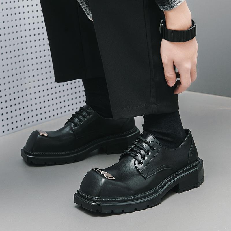 Spring platform business big head leather shoes men's foreign trade fashion lace-up men's shoes heightening black square head leather shoes men's