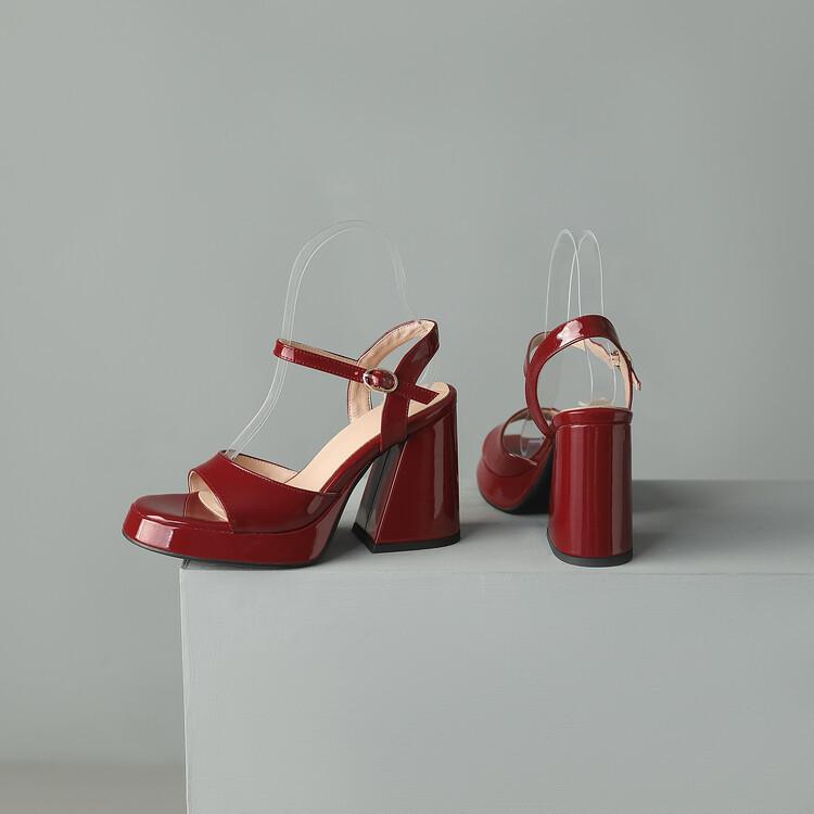 Fashion New patent leather round head fish mouth hollow buckle waterproof platform thick heel high heel sandals for women