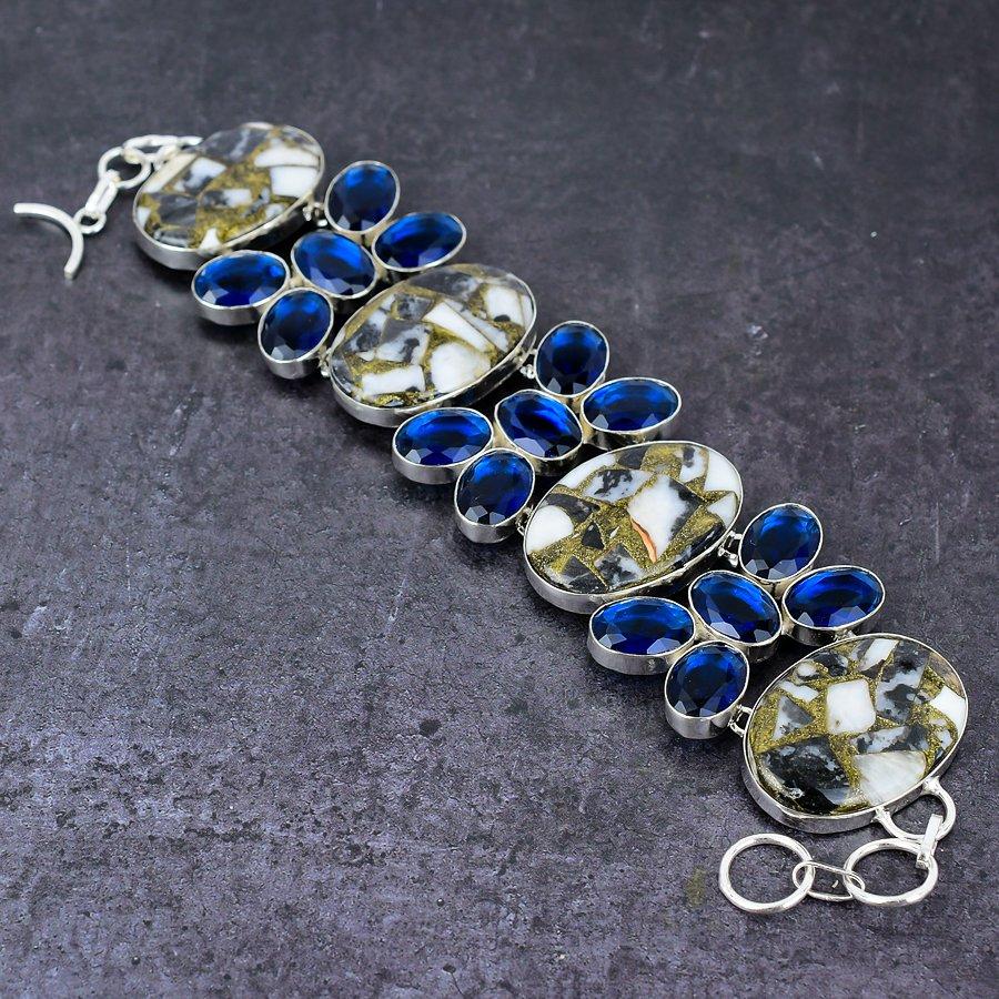 Zebra Jasper, Blue Topaz Gemstone 925 Sterling Silver Jewelry Bracelet 7-8" L9F96