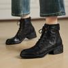 New Versatile Medium Heel Large Size Women's Boots Thick-soled Non-slip Square Heel Martin Boots Front Lace-up Low Boots Cowhide Short Boots Women