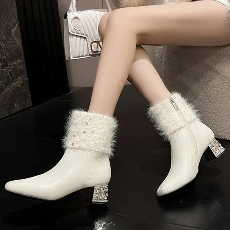 Damen Stiefeletten Kristall Fell Leder Hohe Absätze Schuhe Frau 2025 Trend Spitz Zehenbereich Klobig Mode Elegant Winter Botas De Mujer