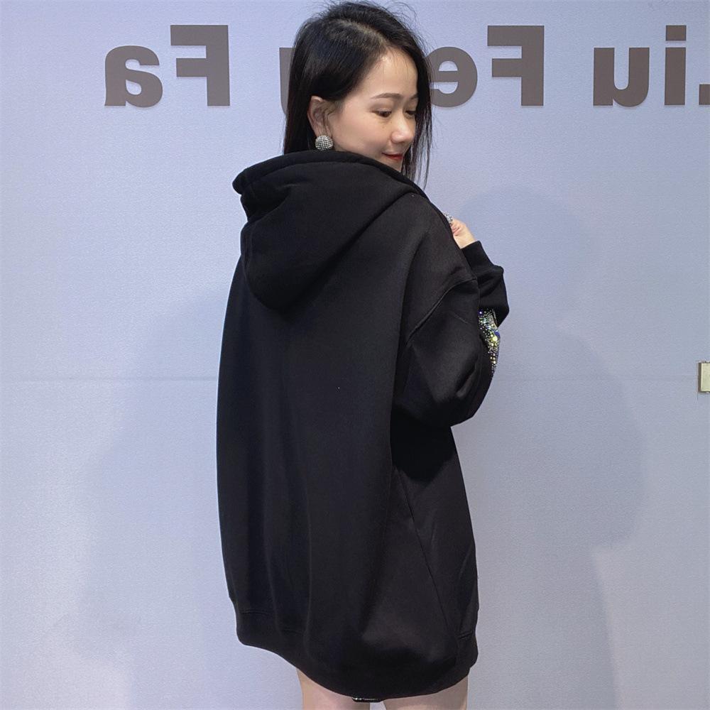 Diamond-encrusted Hooded Sweatshirt Jacket for Both Men and Women, Large-sized Loose Autumn and Winter Couple's Wear with Fleece and Thickened Top