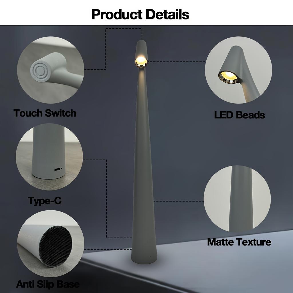 Rechargeable Cordless LED Table Lamp - Portable, Touch-Controlled, 3-Level Brightness, Matte Metal Finish, Battery-Powered for Indoor & Outdoor Use