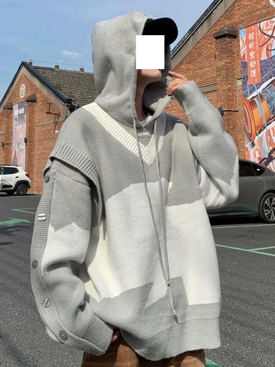 

Men s Black & White Patchwork Knitted Sweatshirt, Autumn/Winter, Oversized Hooded Jacket, High-End Casual Style. Large сірий колір