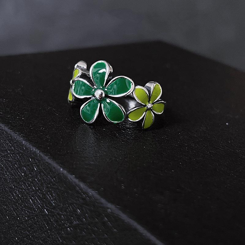 Silver Green Flower Leaf Ring, New Fashionable Rose Daisy Design, Open Design, Delicate Jewelry Item for Girls