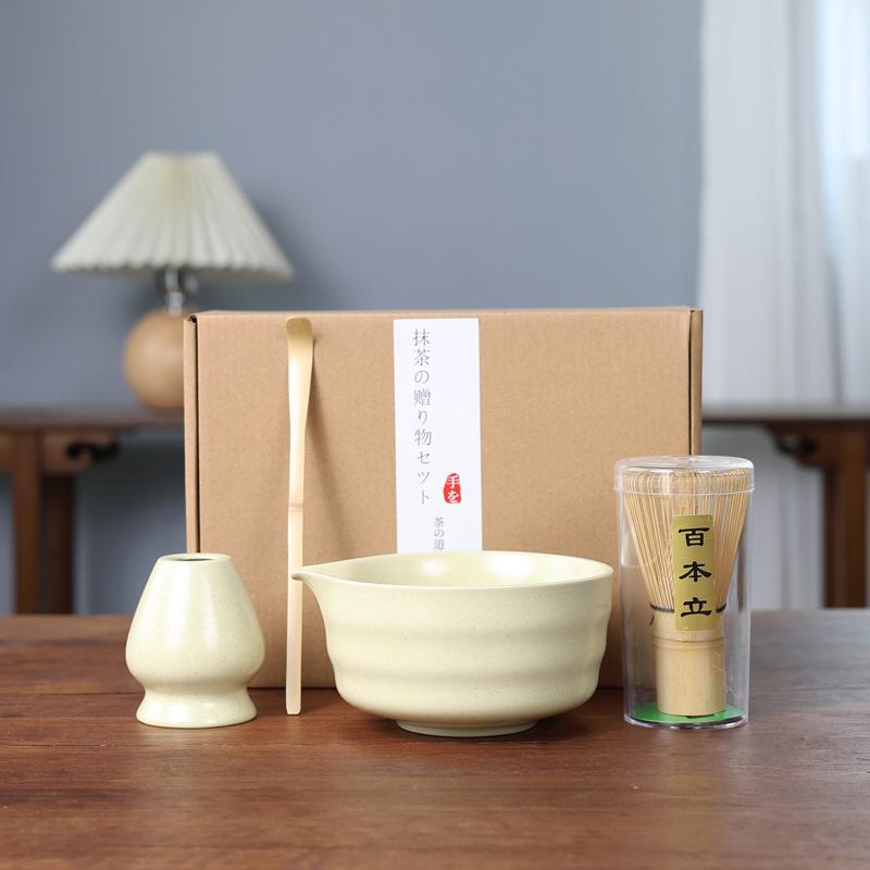 4Pcs Japanese Matcha Set Bamboo Whisk Teaspoon Ceramic Bowl Tranditional Tea Set Home Tea-Making Tools Accessories Birthday Gift