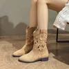 2025 New Retro Western Cowboy Boots Embroidered Hollow Women's Thick Heel V-mouth Knight Boots Women's Fashion Short Boots Summer