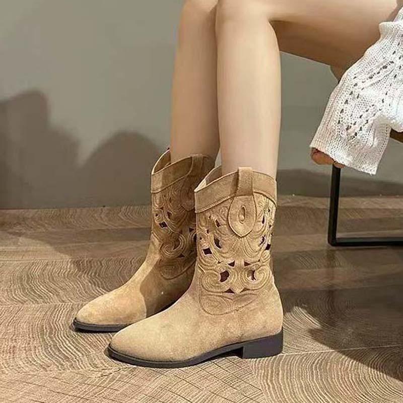 2025 New Retro Western Cowboy Boots Embroidered Hollow Women's Thick Heel V-mouth Knight Boots Women's Fashion Short Boots Summer