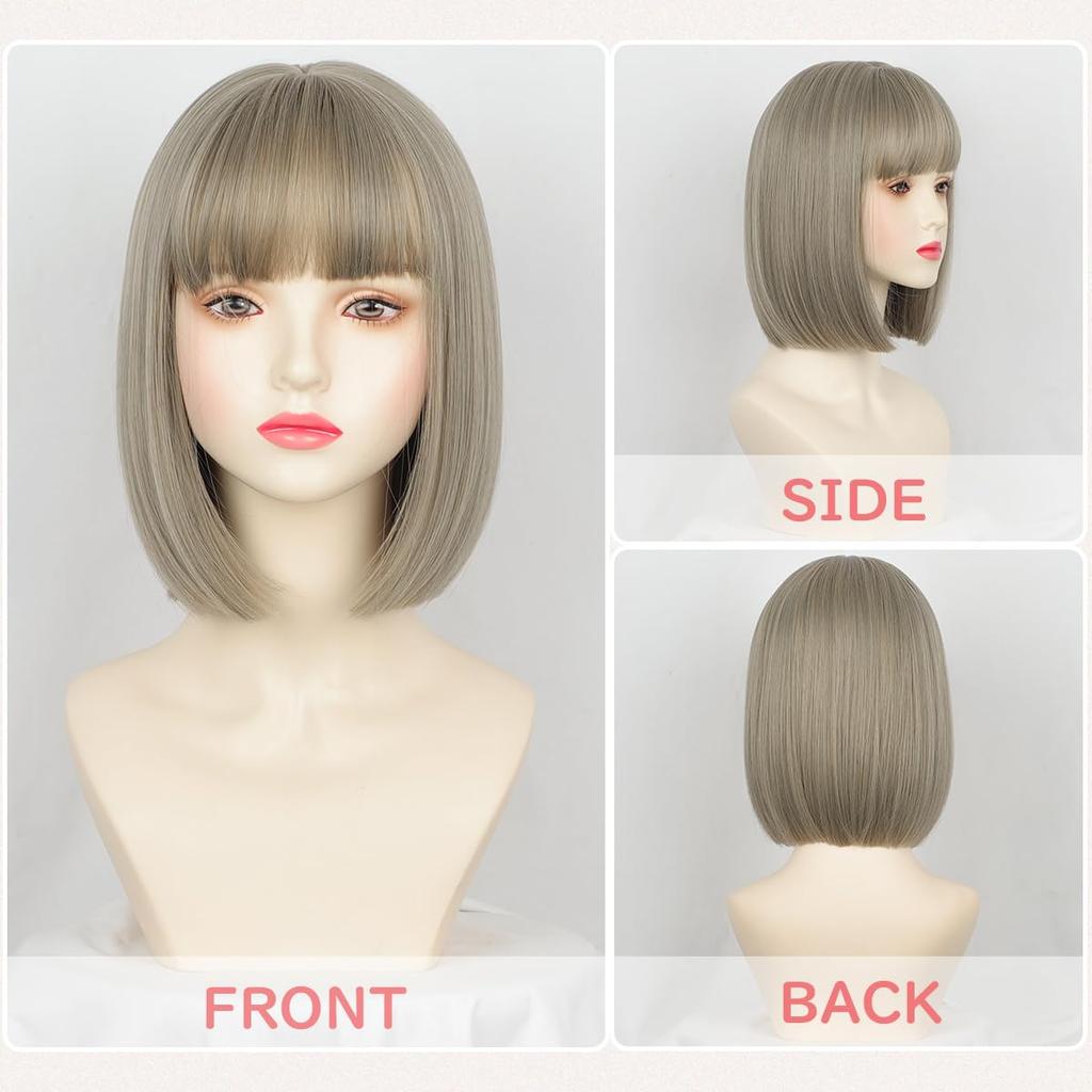 AISIQUEENS Bob Full Wig for Everyday Includes Net Wig, Gray, Short, Straight, Women, Natural-Looking, Heat-Resistant, Slimming, Fashionable, Harajuku,