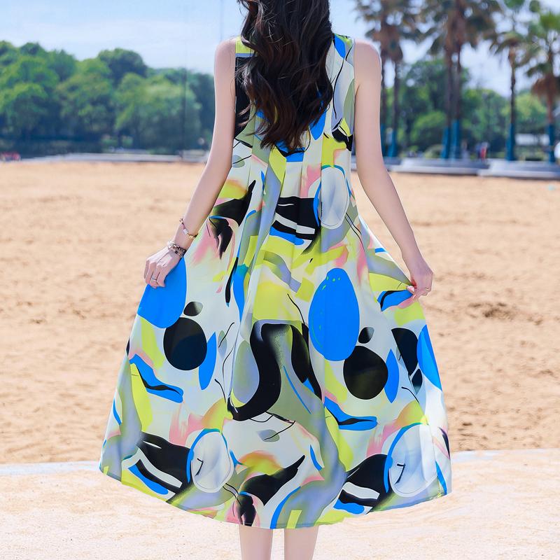 Elegant Sleeveless Beach Dresses For Woman Plus Size Casual Loose Vintage Print Long Dress Summer Women's Clothing