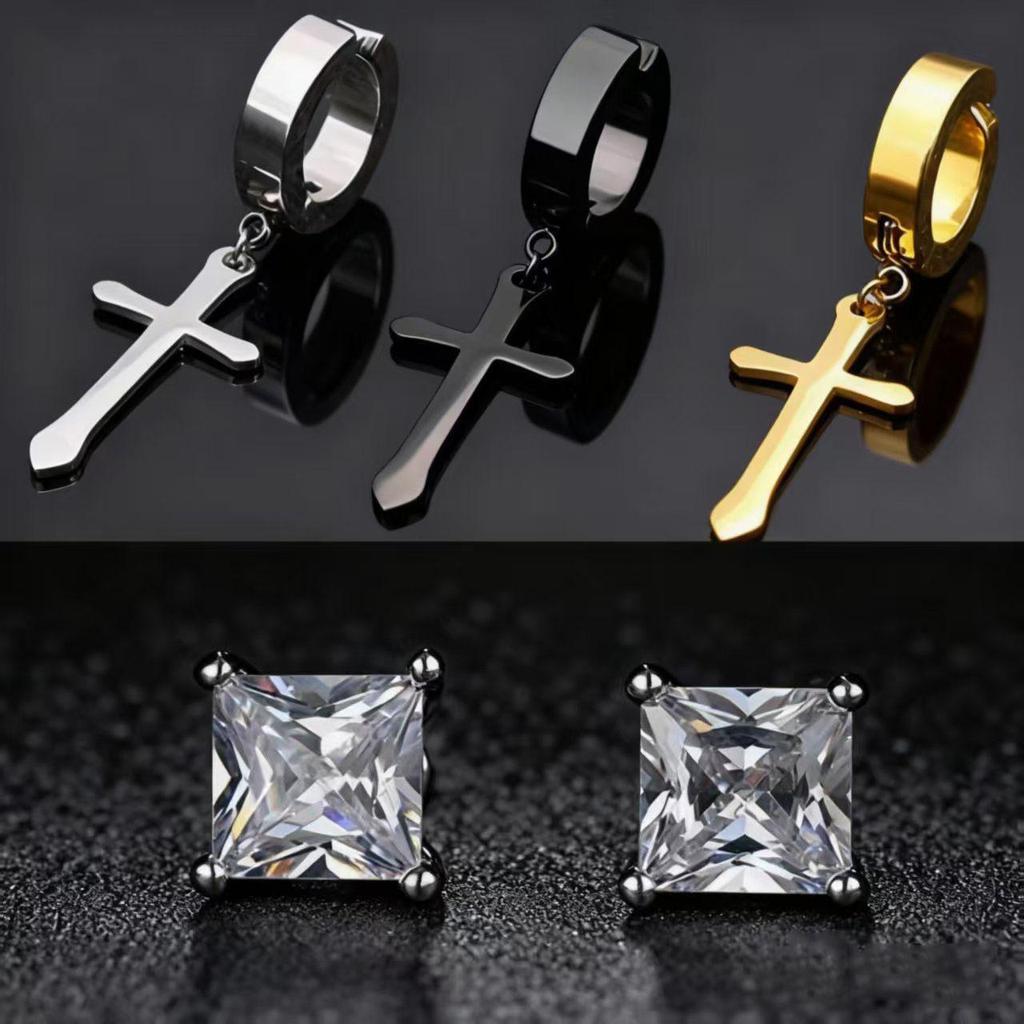 Magnetische Ohr Manschetten & Kreuz Zirkonia Stecker Ohrringe Set für Herren, Edelstahl, Kein Piercing Erforderlich