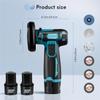 12V mini cordless angle polisher, comes with 2 1300mAh batteries, 19,500 RPM, 6 cutting discs, 3-inch/76mm side disc, polisher