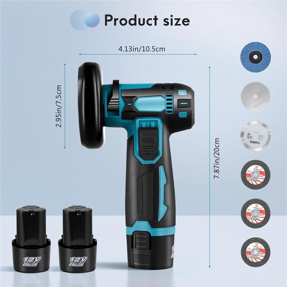 12V mini cordless angle polisher, comes with 2 1300mAh batteries, 19,500 RPM, 6 cutting discs, 3-inch/76mm side disc, polisher