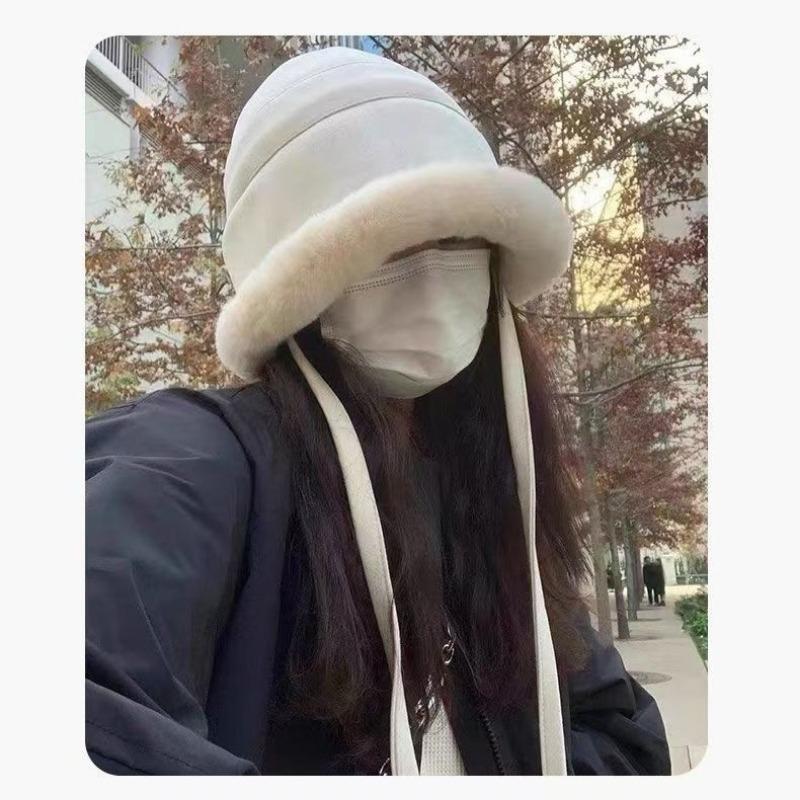 Hat Women's winter tide thickened fluffy hat Outdoor cold-proof Mongolian hat Show face small bucket hat Warm ear protector basin hat