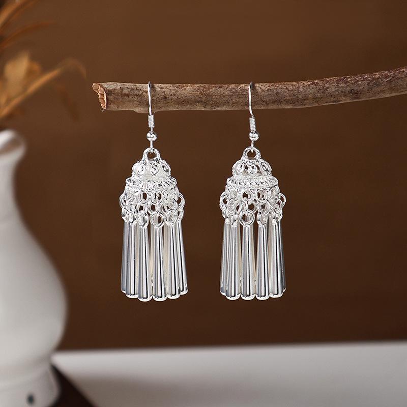 Ethnic Miao Silver Tassel Earrings - Retro Long Dangle Scenic Studs for Women