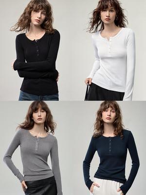 2025 Autumn/Winter Women's Henley Neck Slimming Knitted Long Sleeve T-Shirt