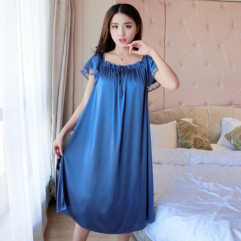 Women Faux Ice Silk Nightgowns Sleeping Dress Medium Length Short Sleeve Nightdress Sexy Sleepwear Home Wear Loungewear Pyjama