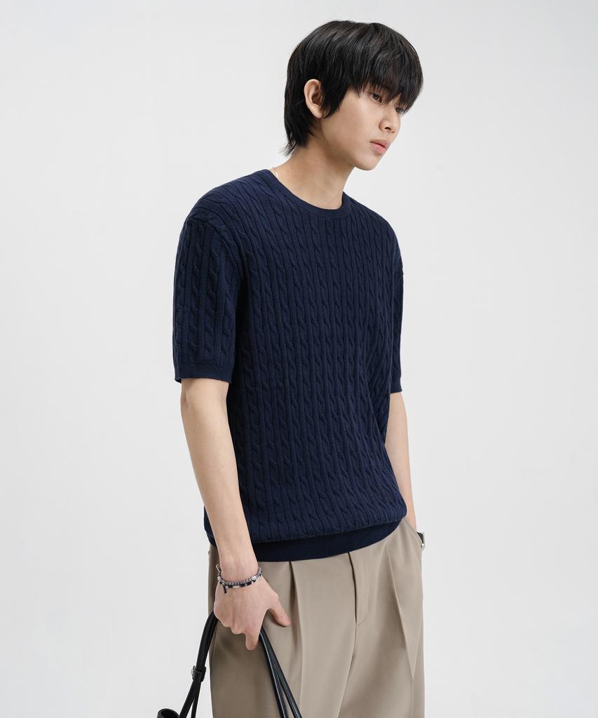 LEMAIN SECOND Oversized Washable Crew Neck Cable Short Sleeve Knit [Navy]