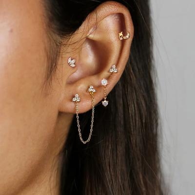 1 Pair New Design Crystal Zirconia Link Chain Ear Studs Earring For Women Stainless Steel Triangle Punk Earring Piercing Jewelry
