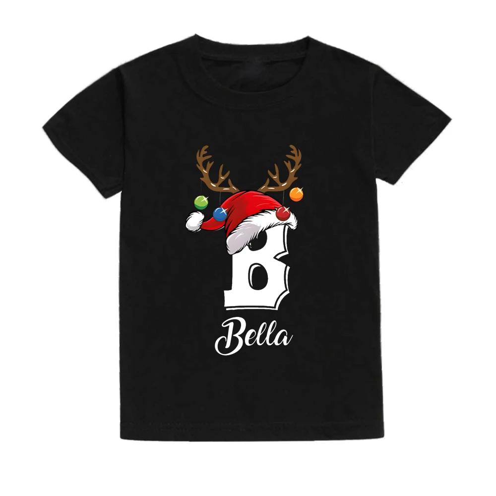Christmas Kids T Shirt Initial with Name Child Clothes Tops Boy Girl Xmas Party Outfits Children Holiday T-shirt