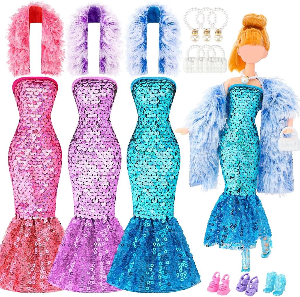 3 Sets 30cm Girl Doll Clothes Girls Doll Accessories Mermaids Evening Gown Dress Fur Shawl Shoes Outfit Doll Clothing(NO DOLL)