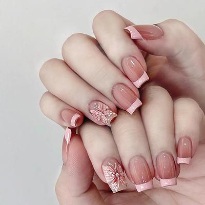 24 Stück French Wearing Nail Piece Abnehmbarer Schmetterlings-Nagelfleck Kleines, kurzes T-förmiges, frisches Nagelstück Allmählicher Wechselnagel