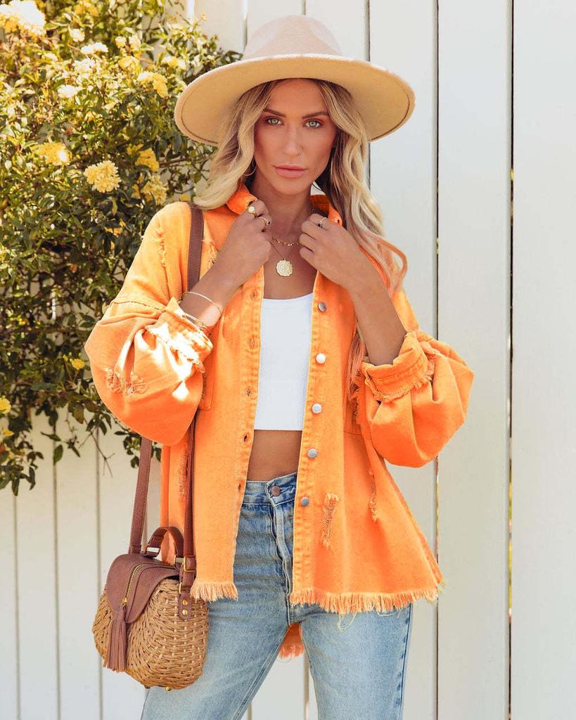 Europäischer Stil Mittellange ausgefranste Jeansjacke - Damen Herbst/Winter 2025 Langarm Lässig Revers Oberteil