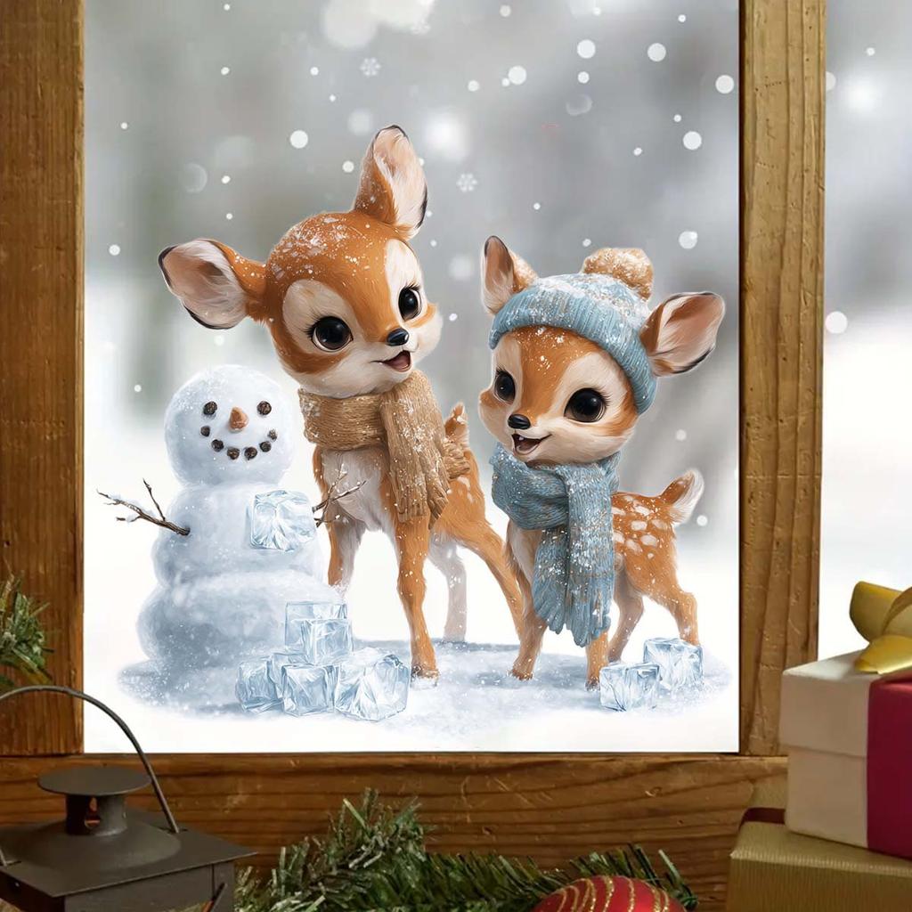 Christmas, Christmas Reindeer, Snowman, Fully Transparent, Double-sided Visible Glass, Home Decoration Stickers