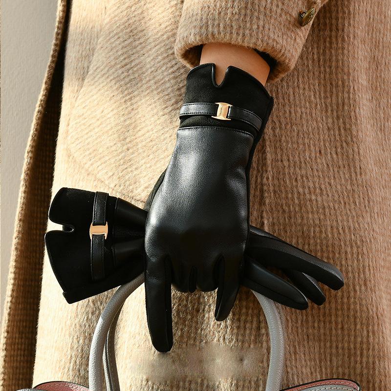 New Leather Gloves Women's Winter Warm Fleece Thickened Touch Screen Winter Driving Finger Gloves